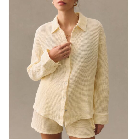 NWOT DONNI. Women's Cream Waffle Button Down Shirt Size XS - Picture 1 of 9